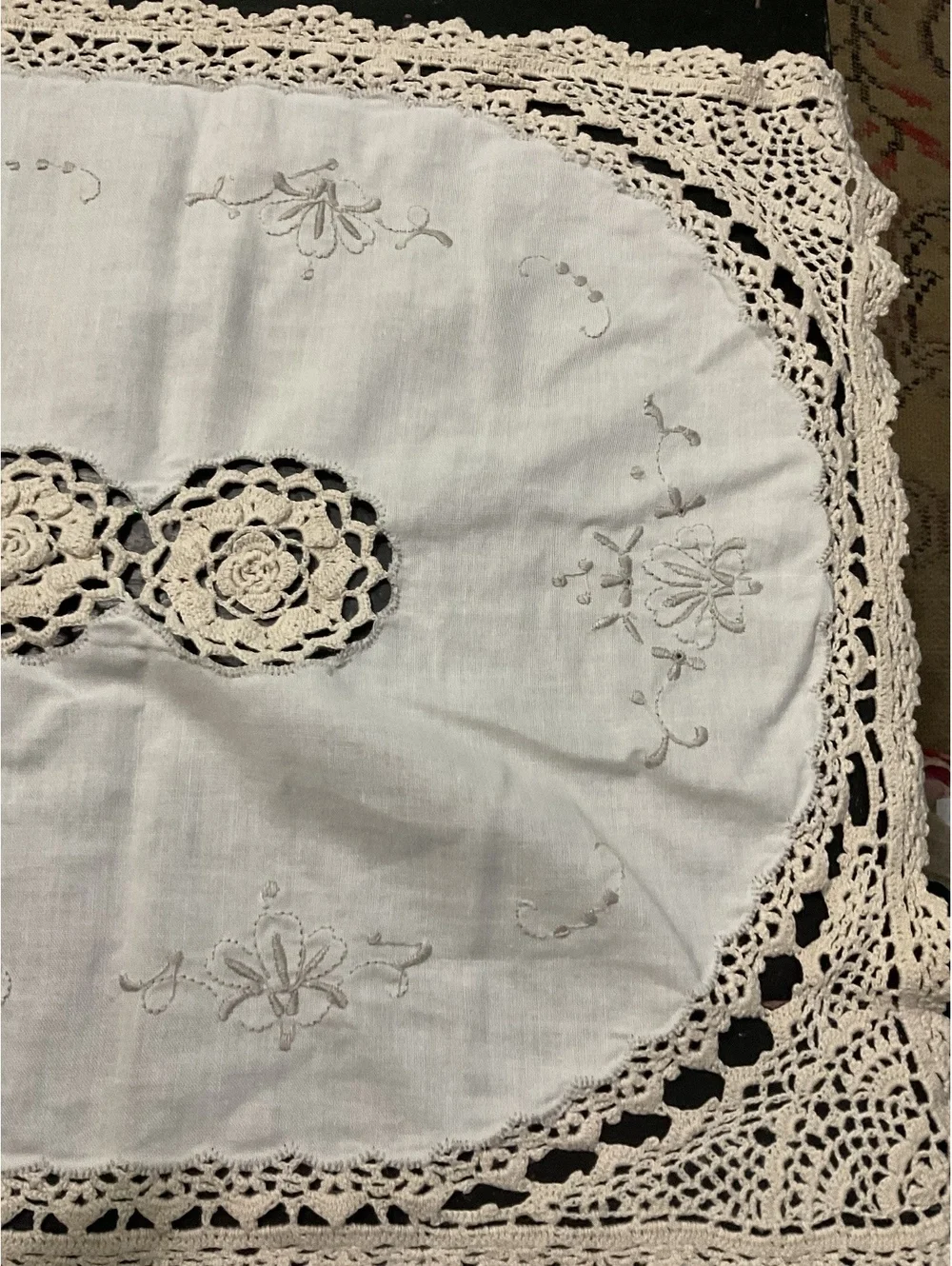 Vintage Handmade Crochet and Embroidered Table Runner